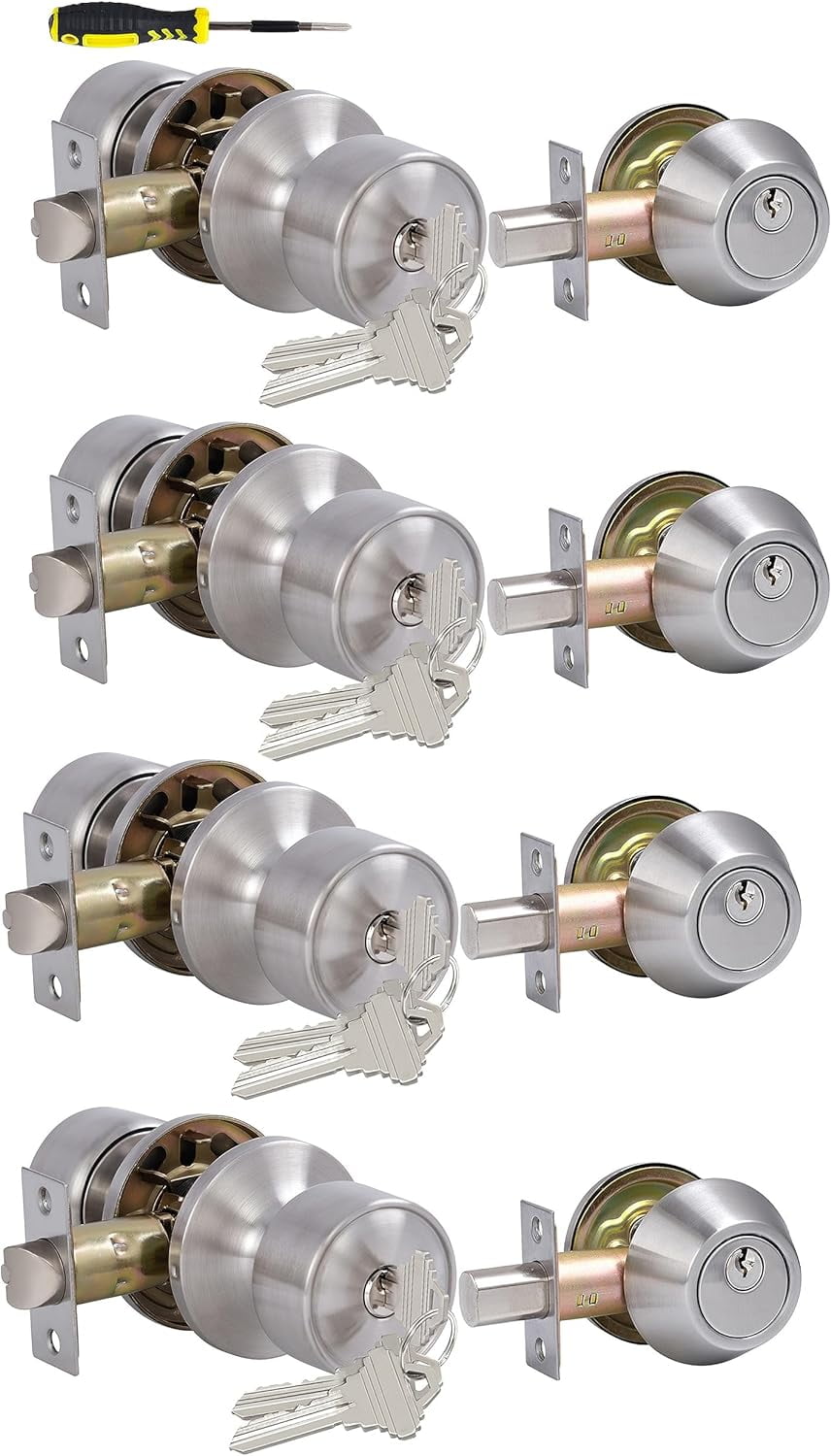 4 Sets Keyed Alike Entry Door Knobs and Single Cylinder Deadbolt Lock