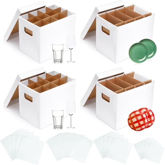 4 Sets Kitchen Moving Boxes with Divider Kits for Dish Glassware Wine Glass Packing Box Handle Included 15 x 12 10 Inch 2 Cup and Plate case, 20 Corrugate Dividers, 36 Foam Pouches