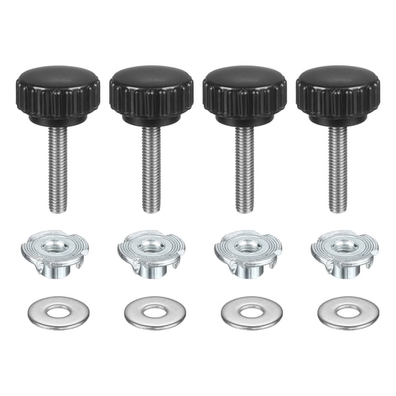 4 Sets Knurled Clamping Knobs with Washers & T-Nuts, M5 x 25mm Metric 22mm Plastic Head 304 Stainless Steel Stud Male Thread Thumb Screw on Type Head Threaded Hand Bolt Stud Knobs