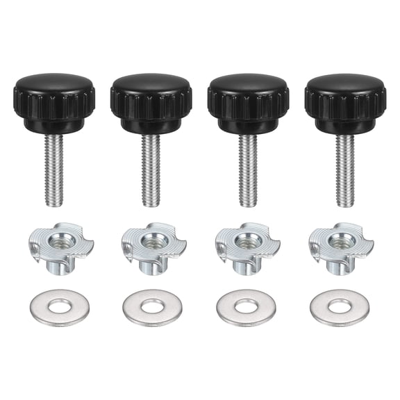 4 Sets Knurled Clamping Knobs with Washers & T-Nuts, M6 x 25mm Metric 25mm Plastic Head 304 Stainless Steel Stud Male Thread Thumb Screw on Type Head Threaded Hand Bolt Stud Knobs