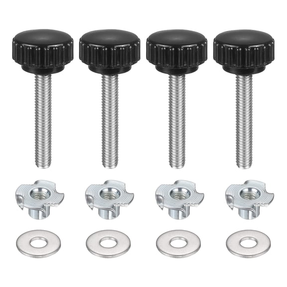 4 Sets Knurled Clamping Knobs with Washers & T-Nuts, M6 x 35mm Metric 22mm Plastic Head 304 Stainless Steel Stud Male Thread Thumb Screw on Type Head Threaded Hand Bolt Stud Knobs