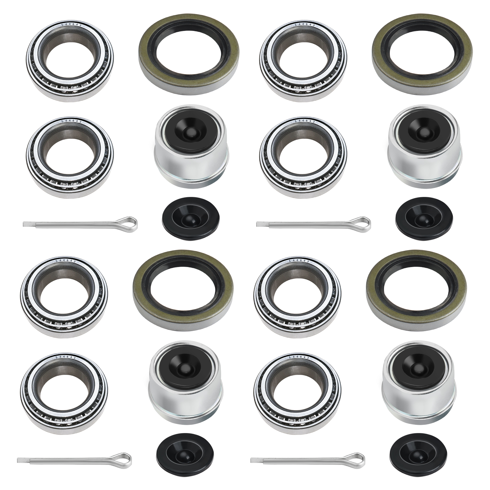 4 Sets L44643 L44610 Trailer Axle Bearings Kit with 12192TB Grease Seals, 1.98'' Trailer Dust Caps, Cotter Pins, Rubber Plugs, Fits for 1'' 2000-2200LB Boat Trailer Axle.