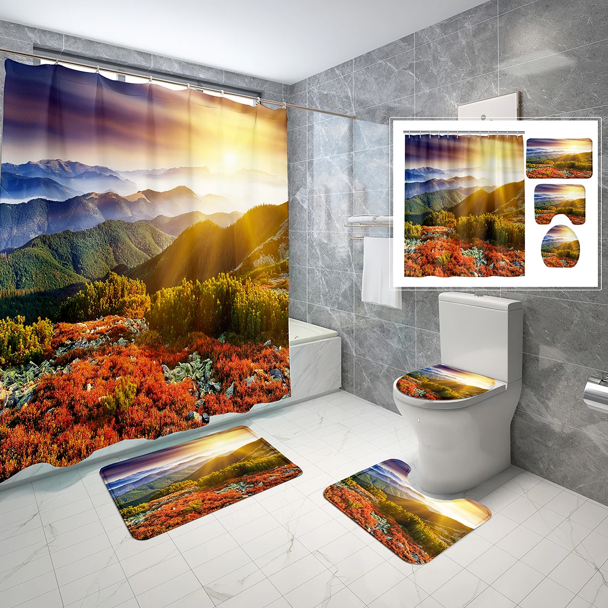 4PCS Sea Animal Shower Curtain Sets With Waterproof Shower Curtain, Non-Slip Bath Mat, Absorbent