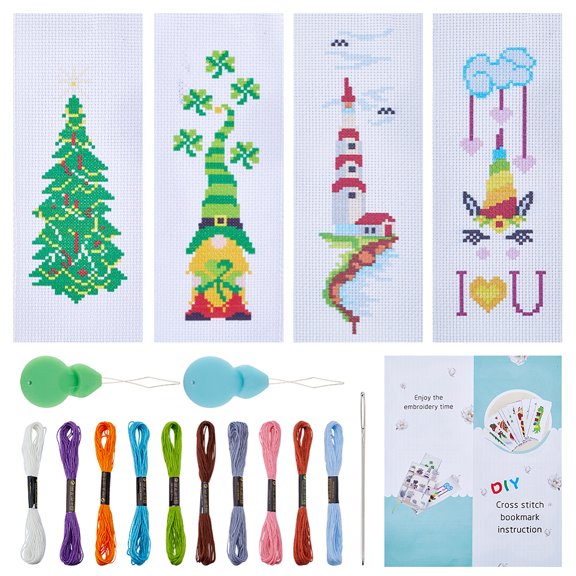 4 Sets Lighthouse/Gnome/Christmas Tree DIY Bookmark Stitch Beginner Kit with Embroidery Threads Fabric Needle Mixed Color 228~232x79x0.5mm