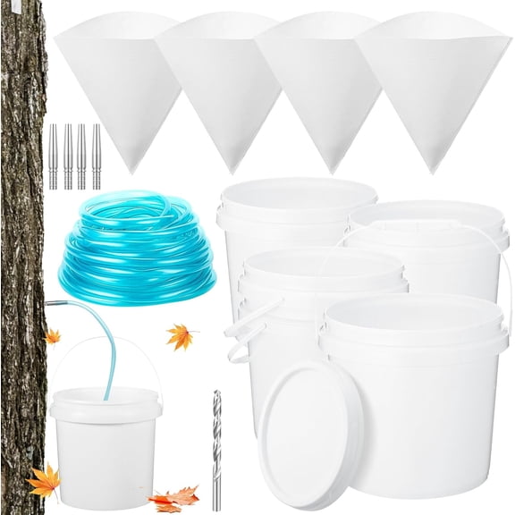4 Sets Maple Syrup Tapping Kit Included 4 Buckets with Lid, 4 Metal Taps, 4 Filters, 1 Tube(32.8 Ft), 1 Tap & Drill Bit for Experts or Beginners Maple Birch Syrup Collection Supplies