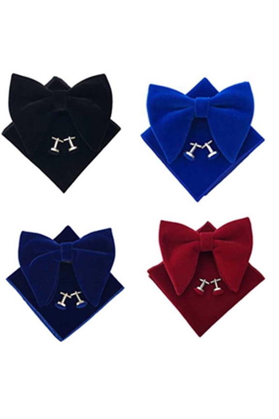 4 Sets Men Velvet Bow Tie Cufflinks Pocket Square Set Bowtie Hanky Cuff Links