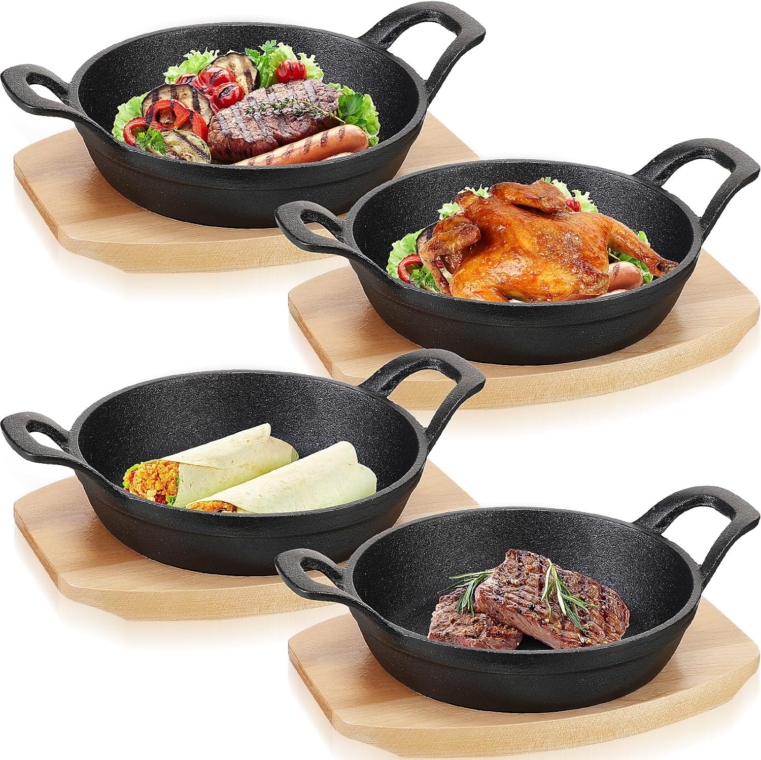 4 Sets Mini Cast Iron Skillet Small Cast Iron Plates Skillet with Wooden Base Small Round Pan Fajita Plate Pot for Baking Cooking(5.5 Inch)