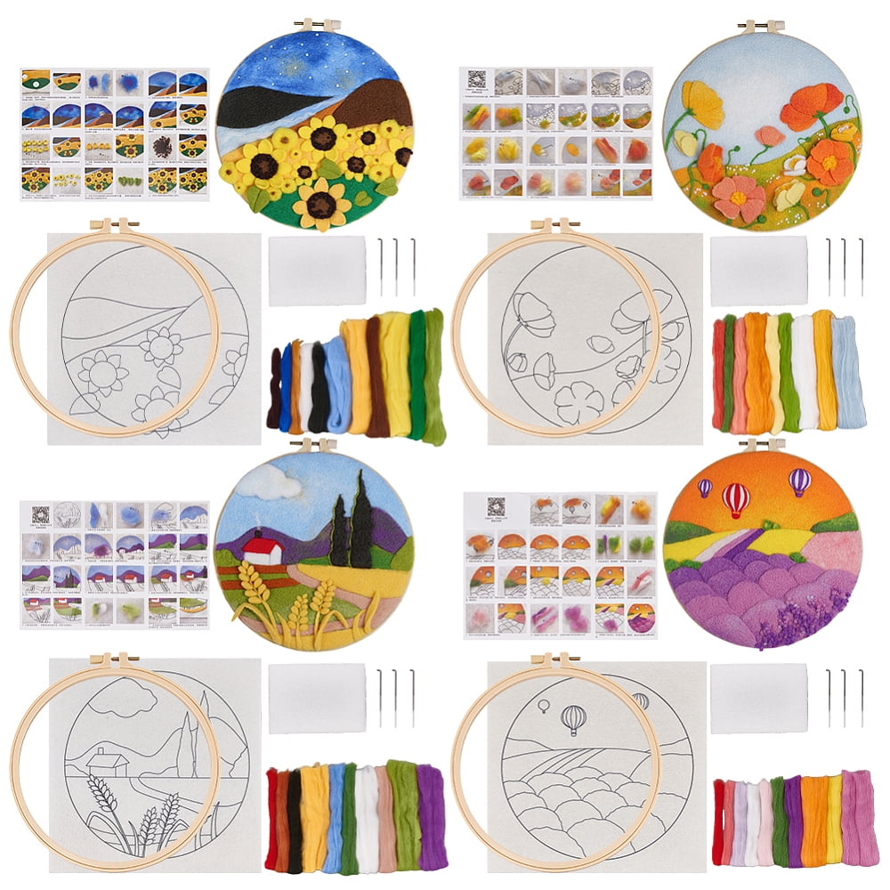 4 Sets Needle Felt Starter Set Flower Felt Painting Kit for Beginners Wool Felting Supplies with Picture Frame Felts Needles Foam Pad Felts Cloth
