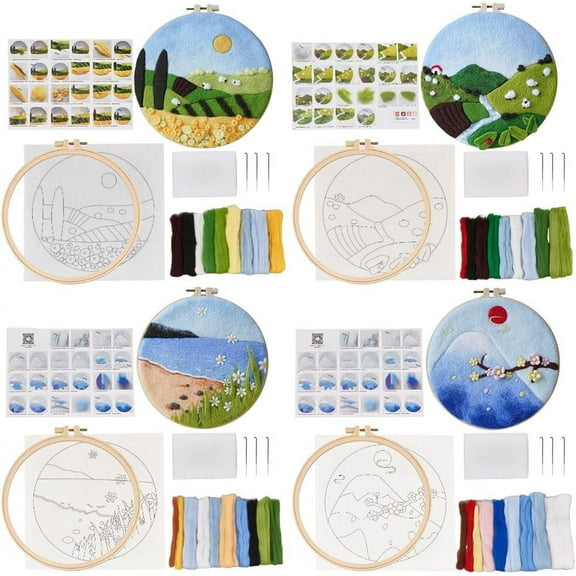 4 Sets Needle Felt Starter Set Meadow Felt Painting Kit for Beginners Wool Felting Supplies with Picture Frame Felting Needles Foam Pad Felts Cloth Instruction for DIY Felts Wool Projects