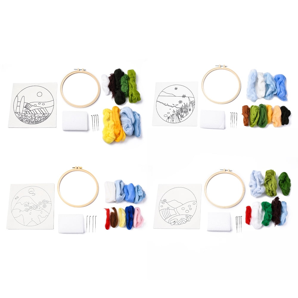 4 Sets Needle Felt Starter Set Meadow Felt Painting Kit for Beginners Wool Felting Supplies with Picture Frame Felting Needles Foam Pad Felts Cloth