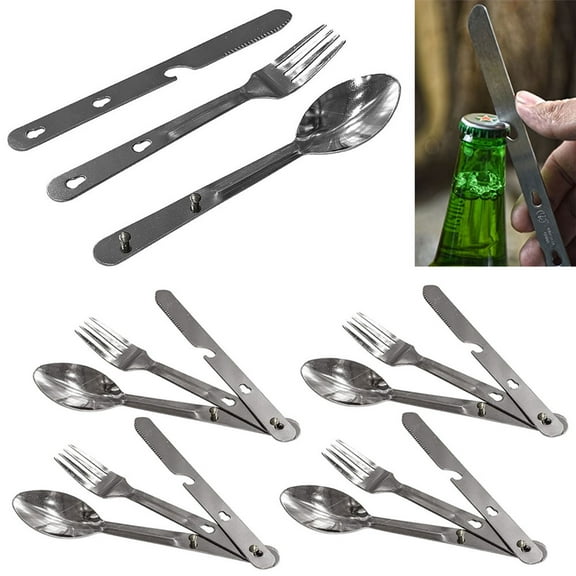 4 Sets Outdoor Eating Utensils 4in1 Fork Knife Spoon Stainless Steel Cutlery