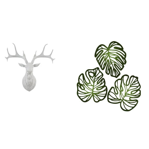 4 Sets Palm Leaves Wall Decoration Deer Head Sculpture Wood Ornament Natural Wood Craft for Bedroom Corridor Home Decor