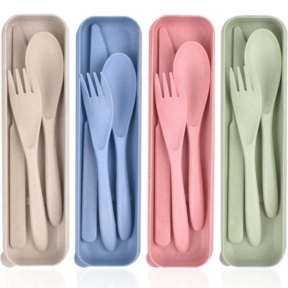 4 Sets Reusable Utensils Plastic Spoon Knife Fork Tableware Set, Unbreakable Cutlery with Case for Travel Picnic Camping Daily Use