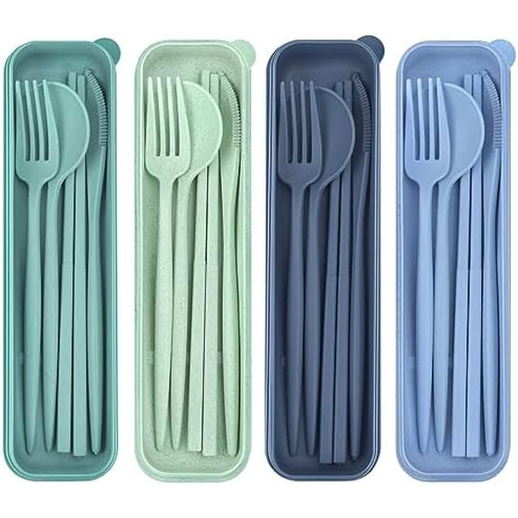 4 Sets Reusable Utensils Set with Case,Travel Utensils with Case,Reusable Utensils for Lunch Box accessories,Portable Chopsticks Knife Fork and Spoon Lunch Utensils Set for Travel Daily Use