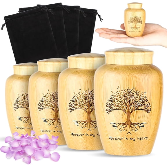 4 Sets Small Urn for Human Ashes Mini Urns with Tree Pattern Engraved Biodegradable Bamboo Cremation Urns for Pet Ashes with Black Velvet Bags