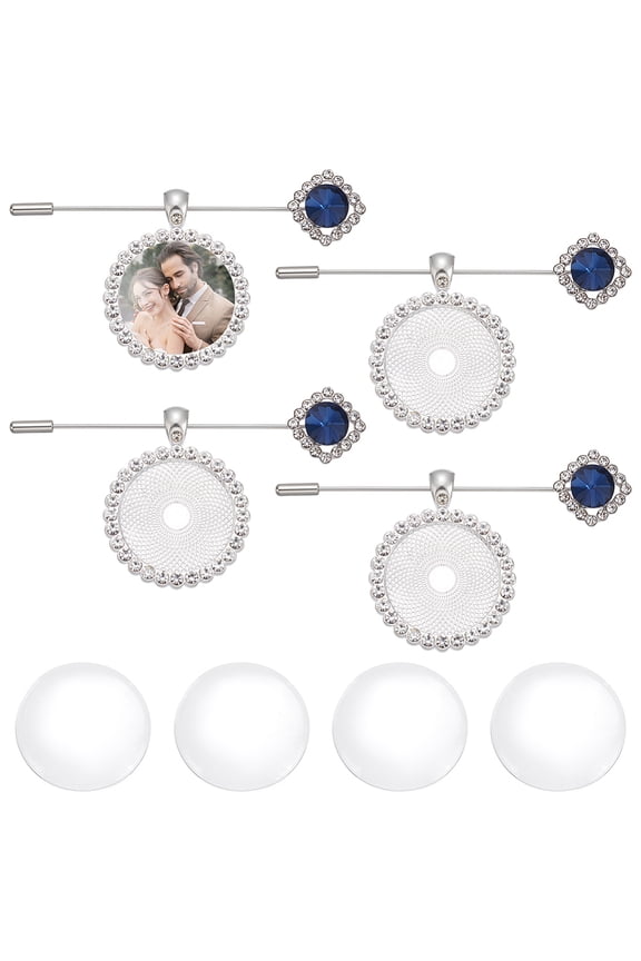 4 Sets Something Blue Bridal Bouquet Charm Rhinestone Bride Pin with Round Glass Cabochons Memorial Bride Gift Wedding Bouquet Photo Brooch Charm