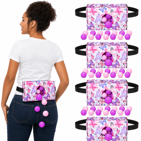 4 Sets Spring Party Games Pink Purpleerfly Shake Box 4 Adjustable Belts And 80 Balls Swing Shaking Set For Adults Tea Garden Outdoor Indoor Group Game