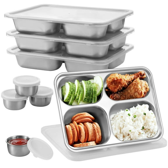 4 Sets Stainless Steel Divided Plate with Lids, 4-Compartment Bento Box, Reusable Meal Prep Lunch Containers with Lids, 4 Sauce Cups included, 9.4 x 6.7 x 1.6 in