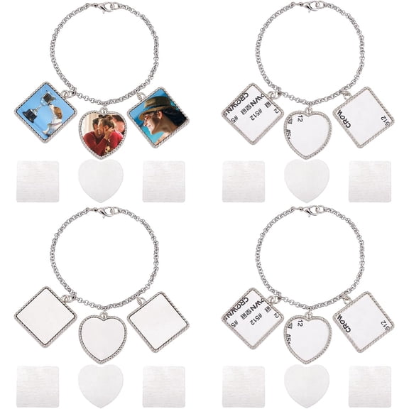 4 Sets Sublimation Bracelets Blanks Heat Transfer Bracelet Tray Heart Photo Bezel Square Craft Bezel Setting Blank for Mother's Day Friendship Bracelet Sweet Birthday Wedding Gift