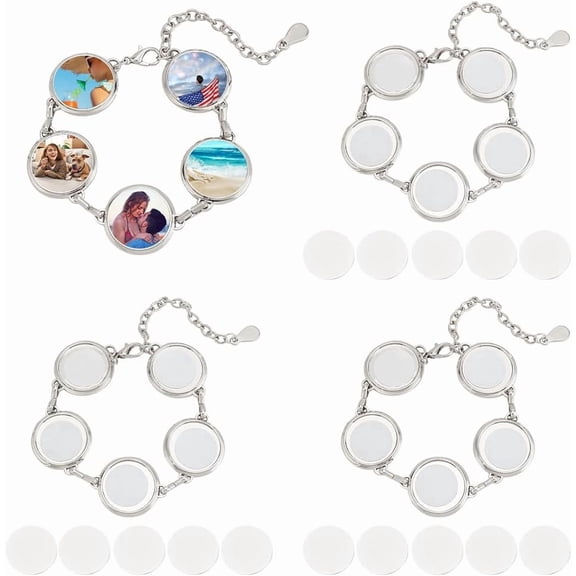 4 Sets Sublimation Bracelets Heat Transfer Graduation Bracelet Round Photo Bezel Tray Sublimation Blank Adjustable Bracelet Bezel Setting with Cabochon
