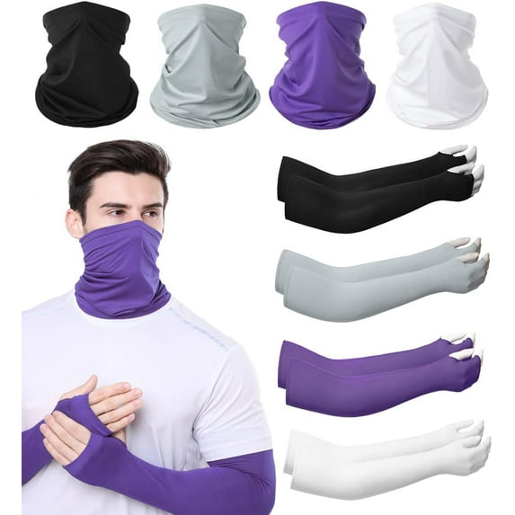 4 Sets UV Protection Face Mask and Sleeve Set, Neck Gaiter Balaclava and Ice Silk Cooling Arm Sleeves for Men and Women