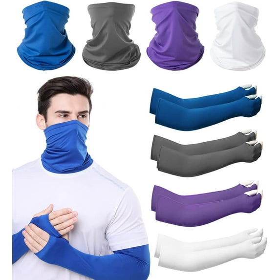 4 Sets UV Protection Face Mask and Sleeve Set, Neck Gaiter Balaclava and Ice Silk Cooling Arm Sleeves for Men and Women