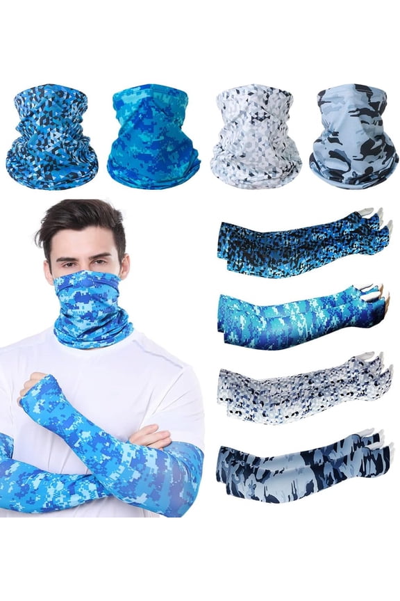 4 Sets UV Protection Face Mask and Sleeve Set, Neck Gaiter Balaclava and Ice Silk Cooling Arm Sleeves for Men and Women