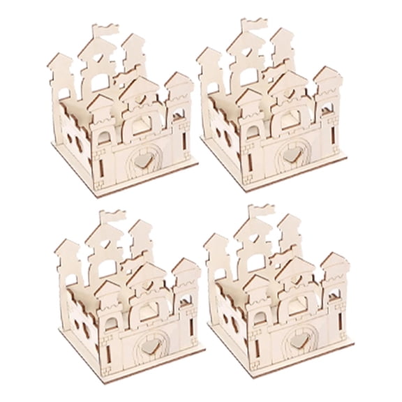 4 Sets Unpainted Castle Puzzle Wooden Painting Crafts DIY Art Project Home Party Decoration for Kids