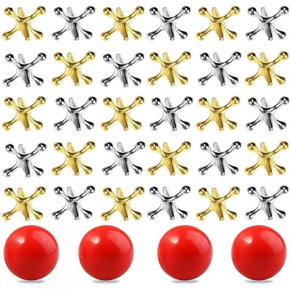 4 Sets Vintage Metal Jacks and Ball Toys Kit Retro Jax Game, Classic Board Games Including 40 Pcs Metal Jacks and 4 Pcs Red Rubber Balls for Kids Adults Family Christmas Party Favor