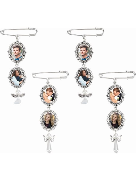 4 Sets Wedding Bouquet Photo Charms DIY Pin Brooch with 1.18x1.57 Inch Oval Glass Cabochon Pendants Silver Wedding Memory Charm for Wedding Memory Friend Wedding Gift