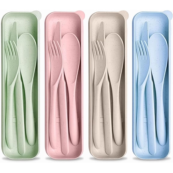 4 Sets Wheat Straw Travel Silverware with Case - Reusable Utensils Set with Case Forks and Spoons Silverware Set Lunch Box Accessories - Fork and Spoon Set Plastic Dinnerware Camping Tableware Set