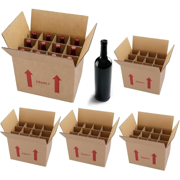 4 Sets Wine Bottle Moving Boxes, 16 x 12 x 12 Inch Moving Boxes with Divider Kits, Wine Shipping Box with Reinforced Cardboard & Handles, Glassware Packing Kits with Corrugate Dividers