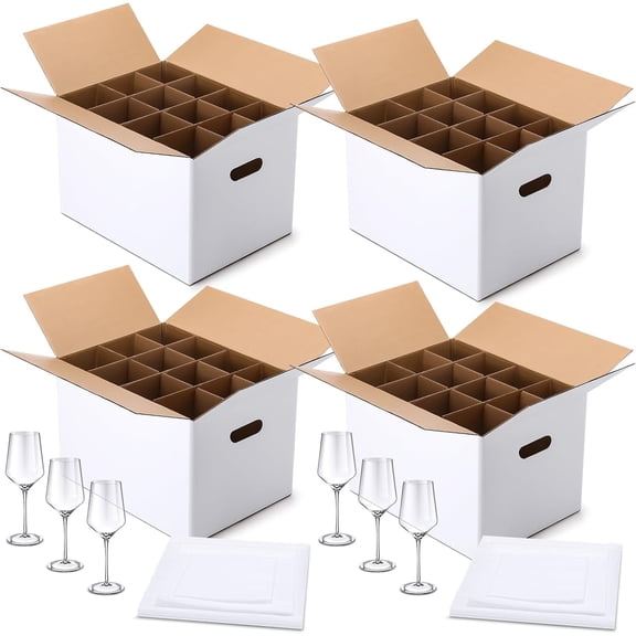 4 Sets Wine Glass Moving Boxes with Divider Kitchen Moving Boxes 15 x 12 x 10 Inches Glassware Packing Box with 18 Foam Pouches for Glasses Packing Supplies