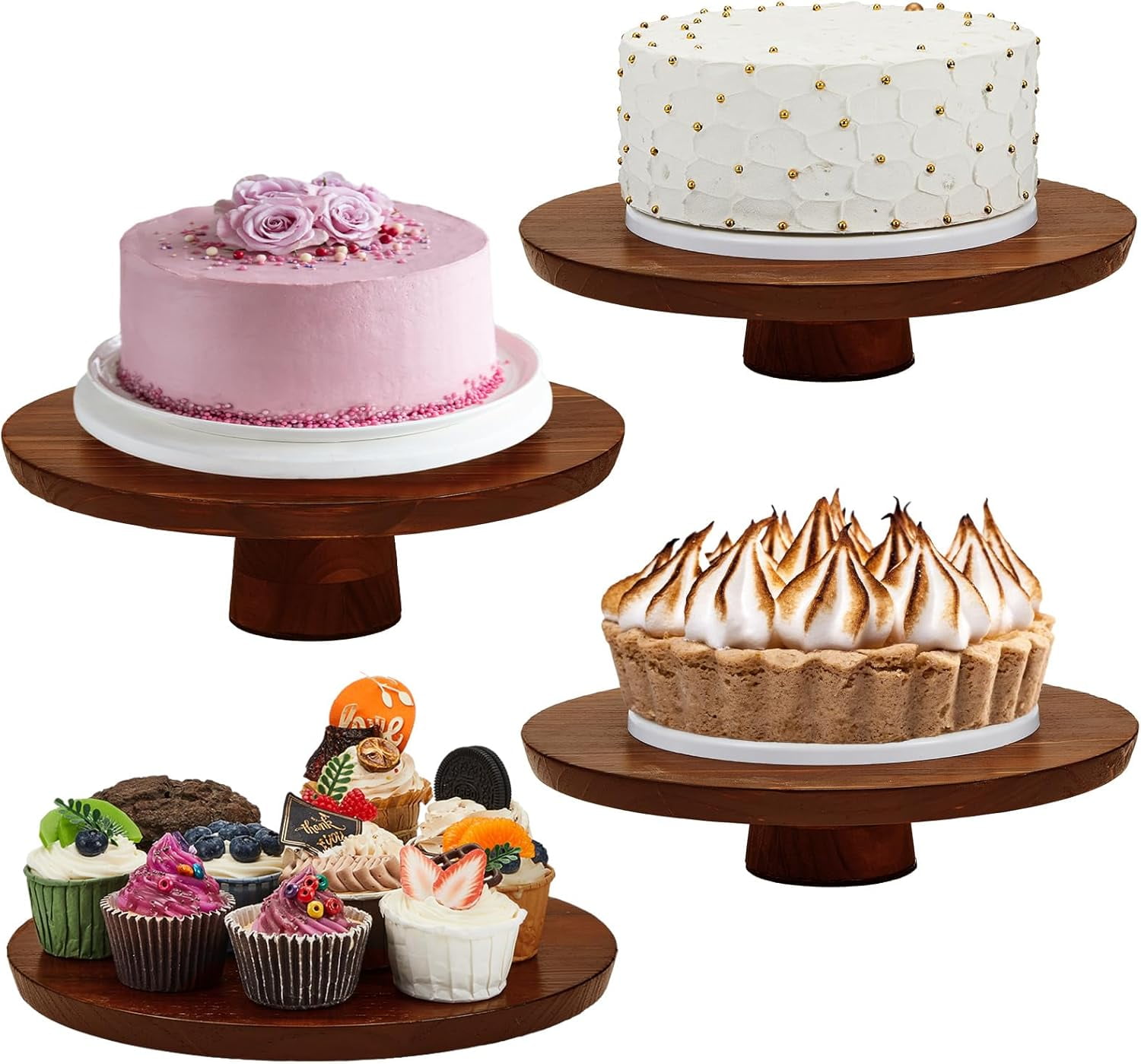 4 Sets Wood 12 Inch Rotating Cake Stand Rustic Round Turntable Risers ...