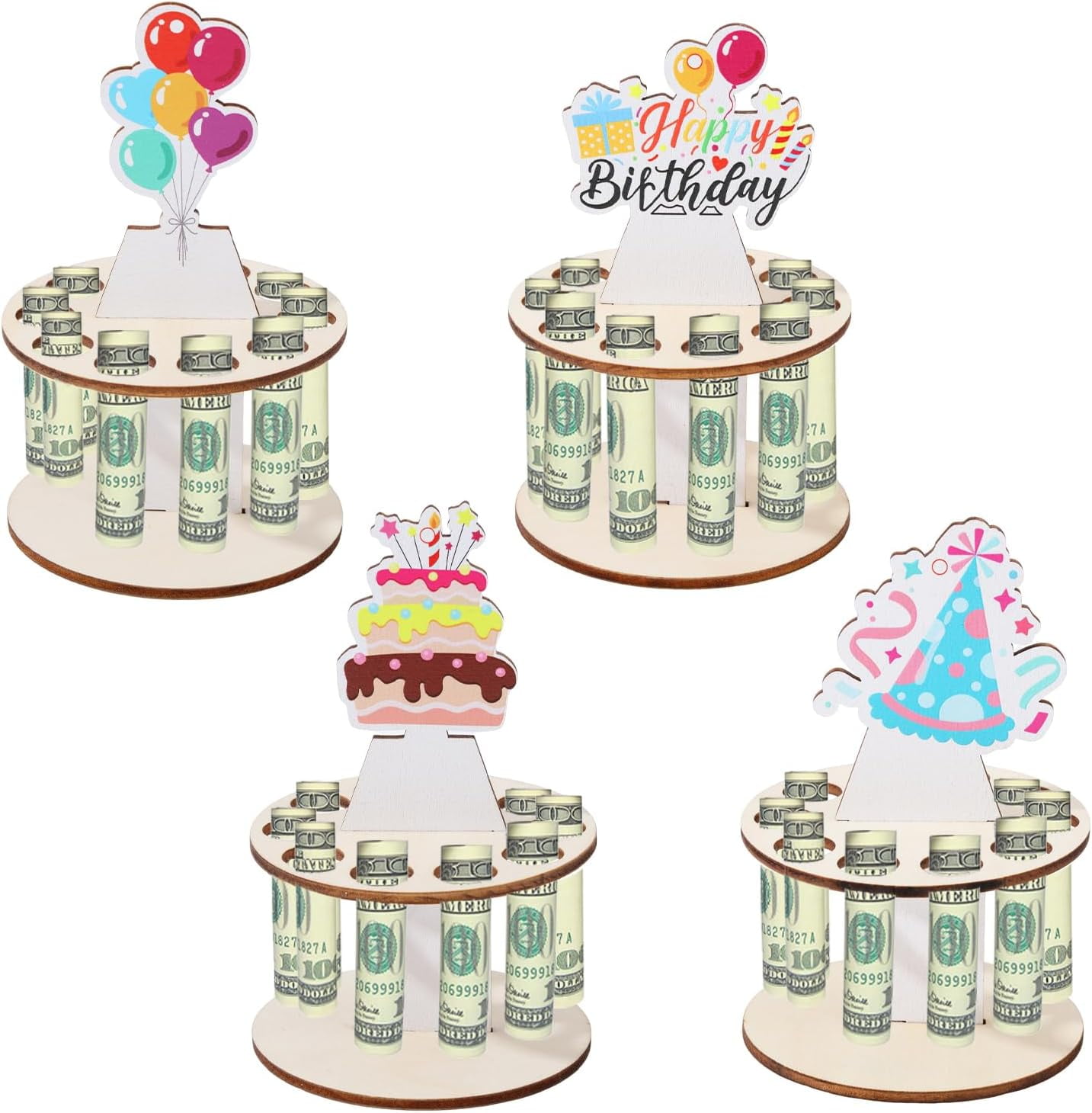 Weysat 3-Piece Christmas Money Holder Ornaments - Wooden Cake Style With 10 Holes For Cash Gifts (Santa, Snowman, Truck)