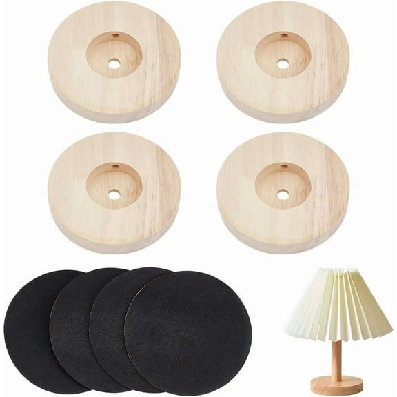 4 Sets Wooden Lamp Base Round Lamp Stand Desktop Light Stand Wood Lamps Holder Table Lamps Display Base with Self Adhesive Pad Creative Craft