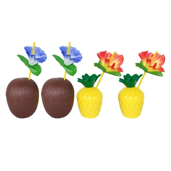 4 Sets of Hawaiian Themed Pineapple Cups Party Coconuts Cups Drinking Cups with Straws
