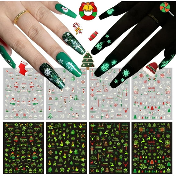 4 Sheet Christmas Glow-in-The-Dark Nail Art Sticker,Christmas White Snow Green Tree Luminous Pattern Luxurious Decoration Decals Self-Adhesive Accessory DIY Manicure