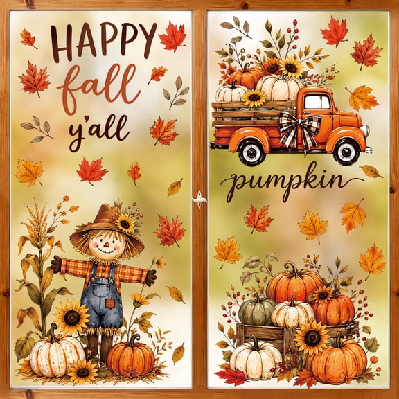 4 Sheet Fall Autumn Thanksgiving Window Clings, Reusable Autumn Harvest Static Window Wall Decals with Maple Leaves Scarecrow Pumpkin Truck for Home Shop Seasonal Glass Decor