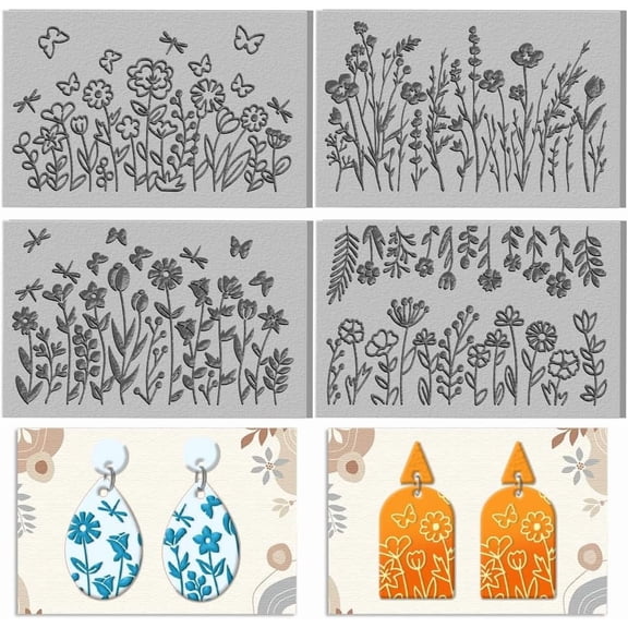 4 Sheet Lace Clay Texture Mat Wildflowers Silhouettes Polymer Clay Texture Sheets DIY Tools for Earring Jewelry Making 3.9x2.6inch