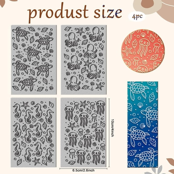 4 Sheet Marine Animals Clay Texture Mat Octopus Starfish Molding Pattern Pad Turtles Seahorses Polymer Clay Texture Sheets DIY Tools for Earring Jewelry Making 3.9x2.6inch