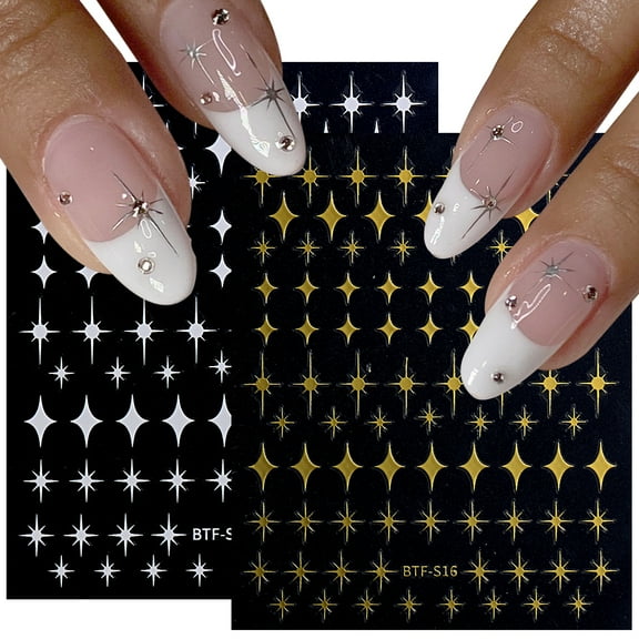 4 Sheet Shiny Gold Stars Nail Stickers Silver 3D Four-Pointed Star Nail Decals Starlight Self-Adhesive Sticker Nail Designs Nail Accessories for Women Girl Nail Decorations Nail Art Supplies