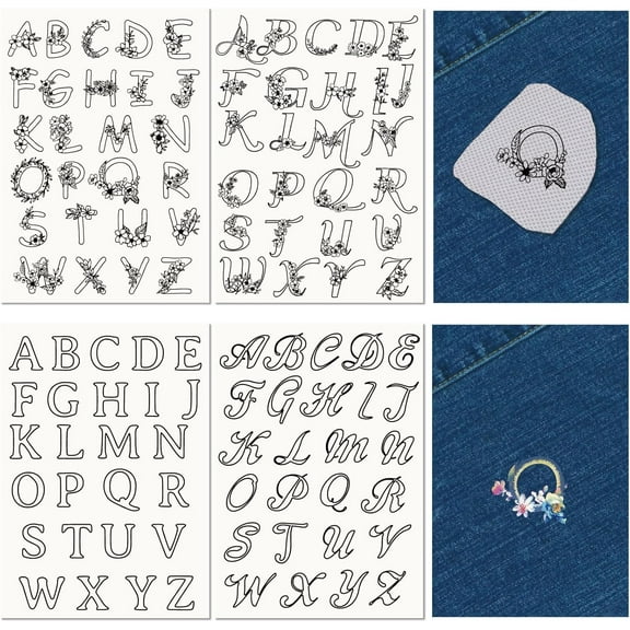 4 Sheets 104Pcs A-Z Letters Water Soluble Embroidery Patterns Stabilizers Alphabet Hand Sewing Stick and Stitch A4 Transfers Fabric Wash Away Pre-Printed Self Adhesive for Cloth DIY Lovers DIY