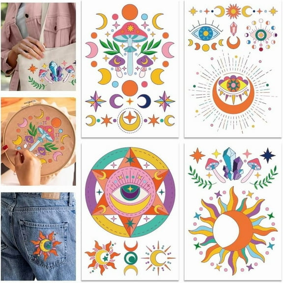 4 Sheets 11.7x8.3" Magic Divination Colorful Water Soluble Embroidery Stabilizer Devil's Eye Stars Moon Hand Sewing Stabilizers Self Adhesive Washable Embroidery Stabilizer