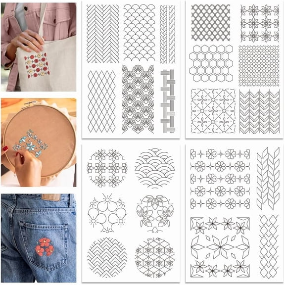 4 Sheets 11.7x8.3" Seamless Texture Water Soluble Embroidery Stabilizer Flowers Hand Sewing Stabilizers Self Adhesive Washable Embroidery Stabilizer for Beginners diy Mixed Shapes
