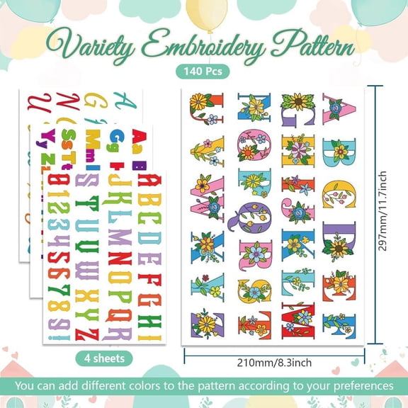 4 Sheets 11.7x8.3inch Colorful Art Alphabet Stick and Stitch Water Soluble Stabilizer Hand Embroidery for Sewing Embroidery Flowers Adhesive Hand Sewing Stabilizers Non-Woven Fabric