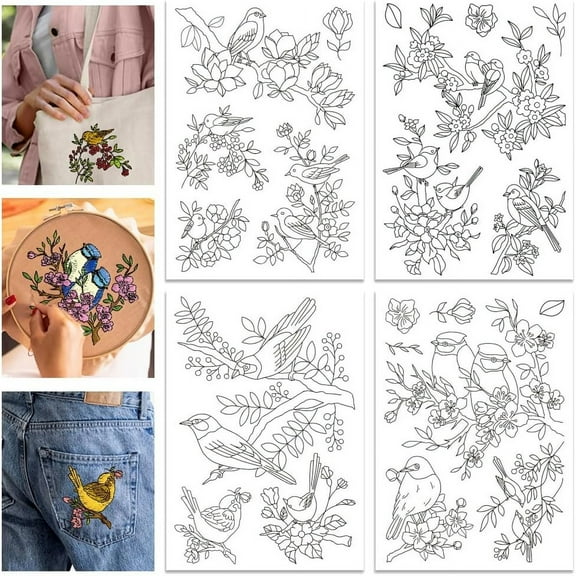 4 Sheets 11.7x8.3inch Flowers and Birds Stick and Stitch Water Soluble Stabilizer Hand Embroidery for DIY Sewing Embroidery Adhesive Hand Sewing Stabilizers Non-Woven Fabric