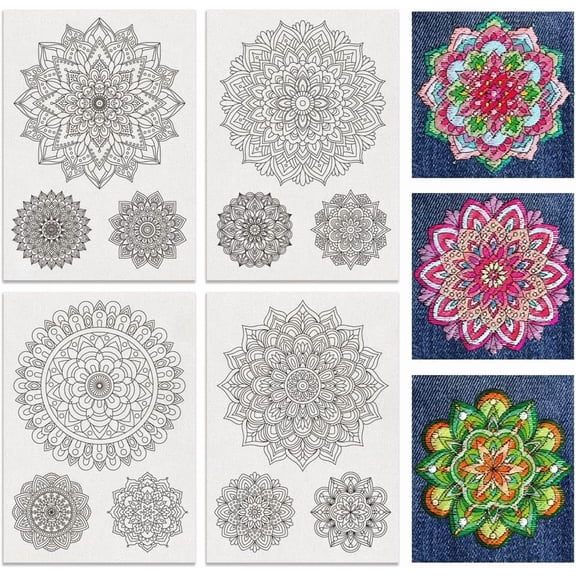 4 Sheets 12 Pcs Mandala Water Soluble Embroidery Pattern Stick and Stitch Embroidery Paper Designs Embroidery Starter Kit for Beginners DIY Craft Sewing Embroidery Colorful DIY
