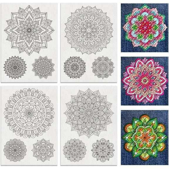 4 Sheets 12 Pcs Mandala Water Soluble Embroidery Pattern Stick and Stitch Embroidery Paper Designs Embroidery Starter Kit for Beginners DIY Craft Sewing Embroidery