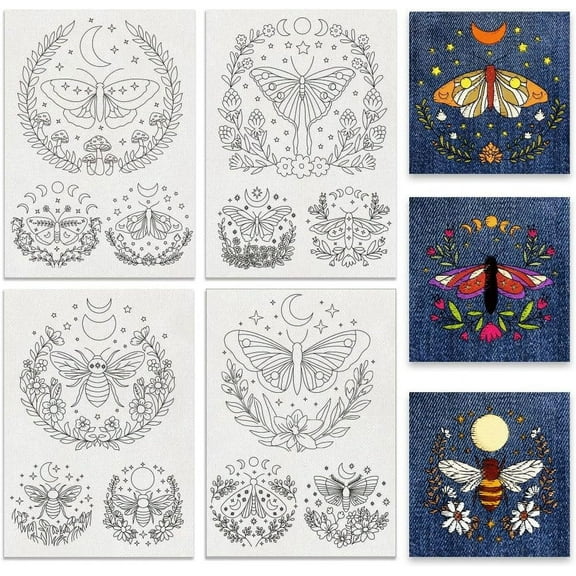 4 Sheets 12Pcs Moth Water Soluble Embroidery Patterns 11.7x8.3Inch Star Moon Flower Moth Combo Stick for Hand Sewing Lover Beginners